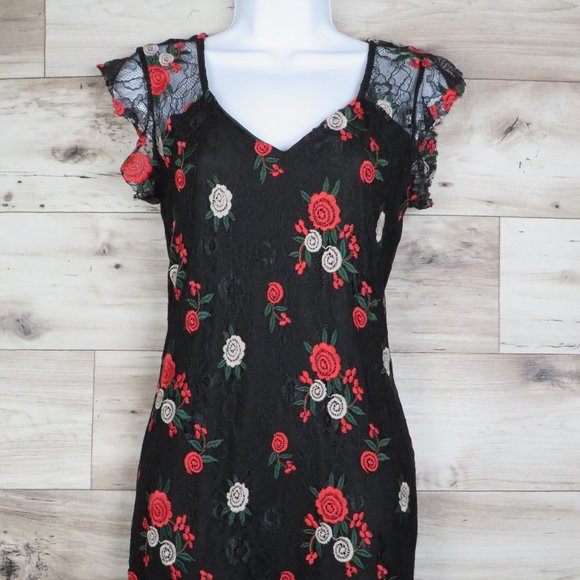 ELA* Women's Short‎ Sleeve Half Zipper Back Midi Floral Lace Dress~ Size 10 - Picture 1 of 14